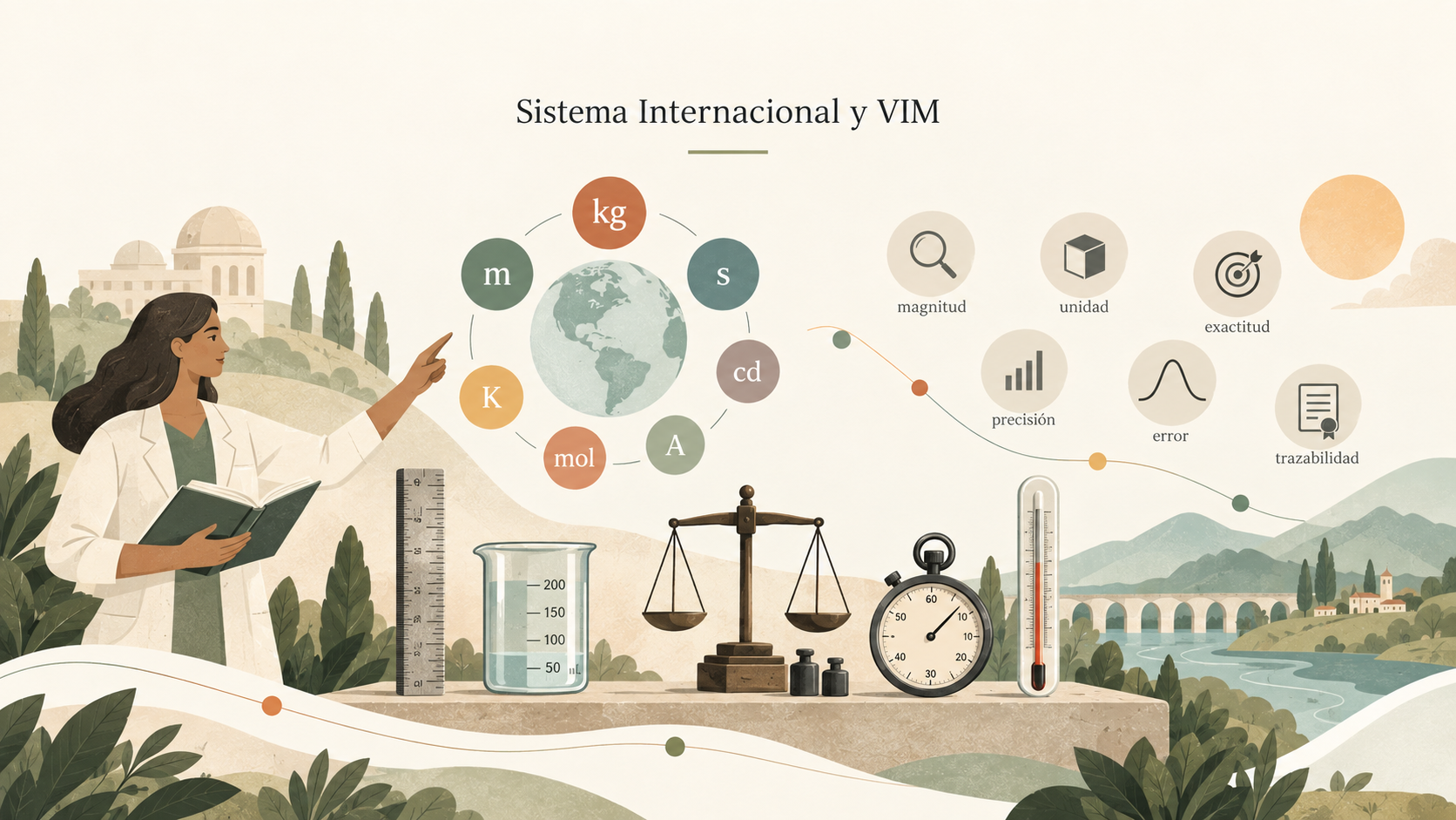 Ilustración del Sistema Internacional de Unidades y conceptos del Vocabulario Internacional de Metrología